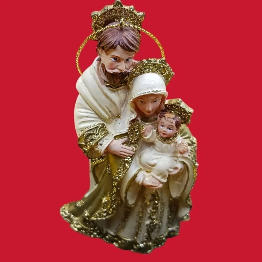 Holy Family Figurine Ornament In Gold & White
